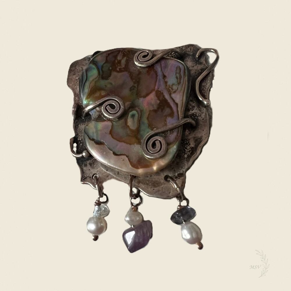 Studio Artisan Abalone Shell Brooch Amethyst Pearl Crystal
